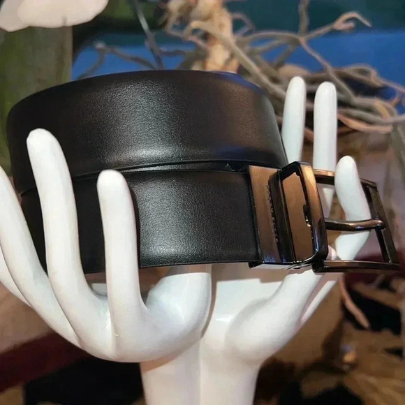 Perry Ellis Men’s Black Brown Reversible Leather Belt Gun Metal Square Buckle - Picture 2 of 16